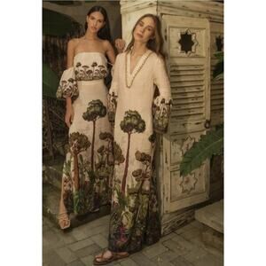 Andres Otalora Magdalena Bohemian Lenin Linen Flare Sleeve Slit Maxi Dress 6